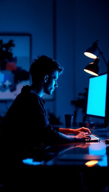 Разработчик за работой в темноте